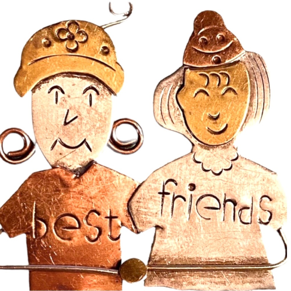 Best Friends Mixed Metal Handmade Artisan Crafted Pin Brooch Brass Copper Silver